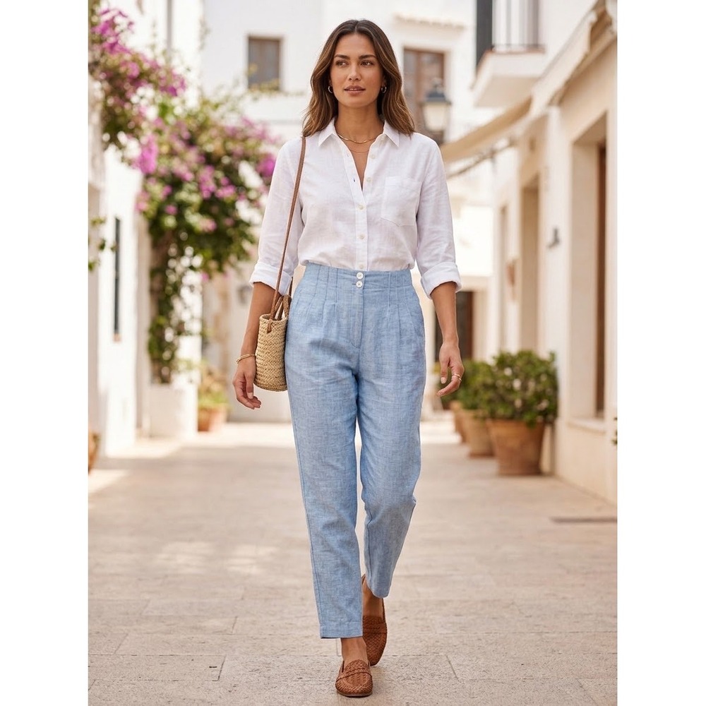 Poetry Blue White Micro Check 100% Linen Tapered High Waist Pants US 6 UK 10